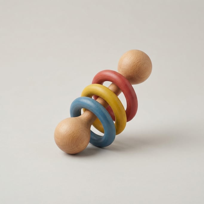 Smooth wooden rattle in natural beech with a rounded handle, three spinning colored rings
