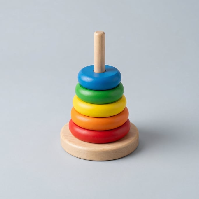 Wooden stacking toy with five graduated rainbow-colored rings on a smooth natural maple dowel post a