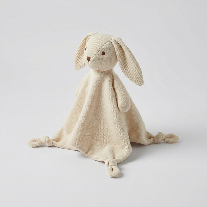 Knitted cotton bunny comforter in cream organic cotton with embroidered eyes, floppy ears