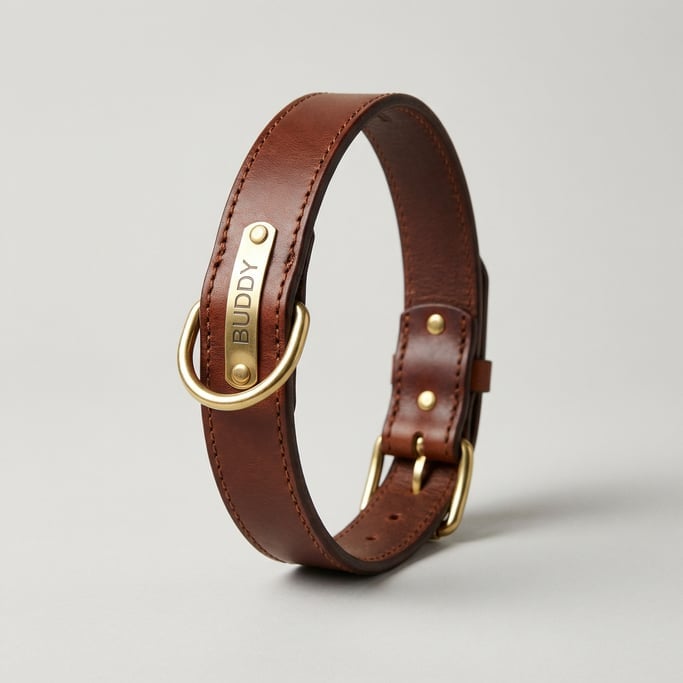 Saddle-stitched leather dog collar in rich chestnut brown with a polished brass D-ring buckle and a