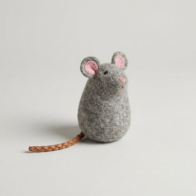Felted wool cat toy mouse in heathered grey with a braided leather tail, stitched pink inner ears