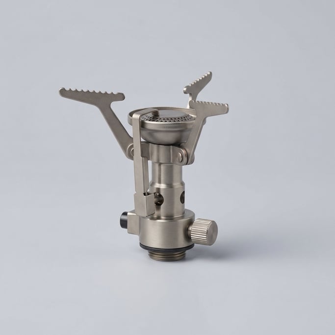 Compact backpacking stove in brushed titanium with folding pot supports, a piezo igniter button