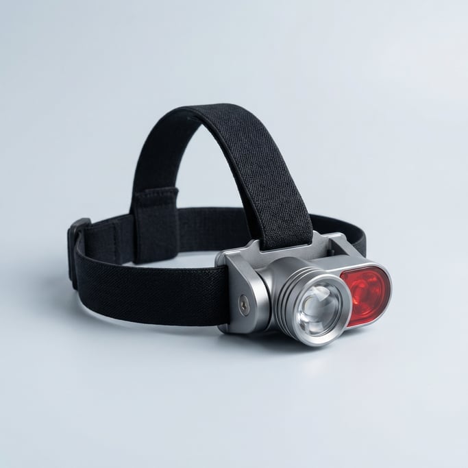 LED headlamp with an elastic black nylon strap, pivoting aluminum lamp housing