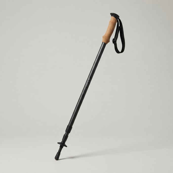 Telescoping carbon fiber trekking pole with a cork grip, adjustable nylon wrist strap