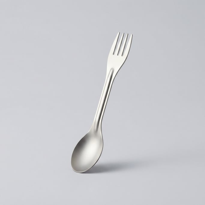 Titanium spork with a polished dual-ended design, shallow spoon bowl, three-tine fork prongs