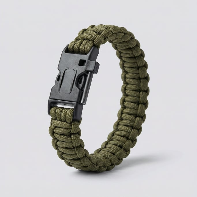 Paracord survival bracelet in olive drab green weave with a black plastic side-release buckle and an