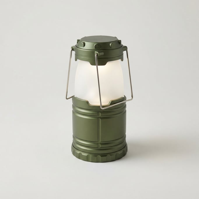 Collapsible aluminum camping lantern in matte olive green with a frosted diffuser dome and a folding