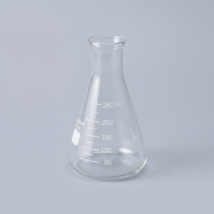 Borosilicate glass Erlenmeyer flask with graduated white volume markings, a narrow tapered neck