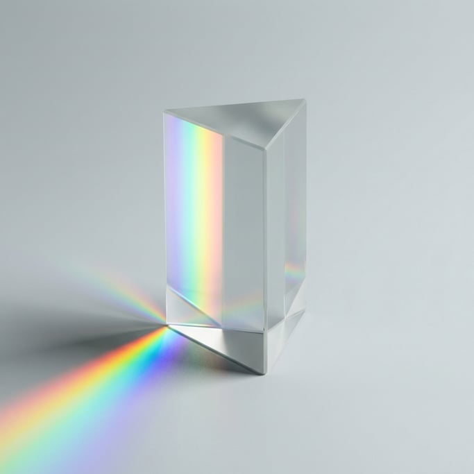 Optical glass prism in equilateral triangular form with polished faces refracting a visible spectrum