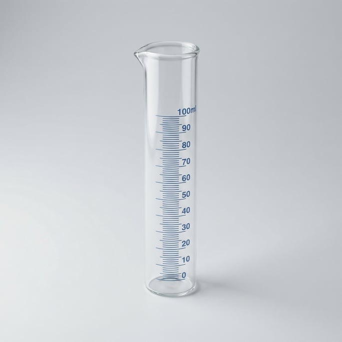 Glass graduated cylinder in clear borosilicate with a stable hexagonal pour-spout rim and blue print