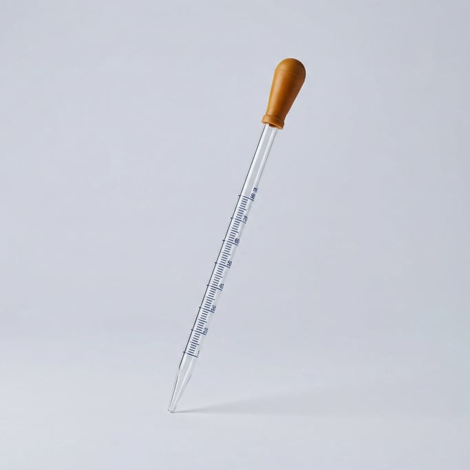 Laboratory glass pipette in clear borosilicate with a tapered tip, graduated volume markings