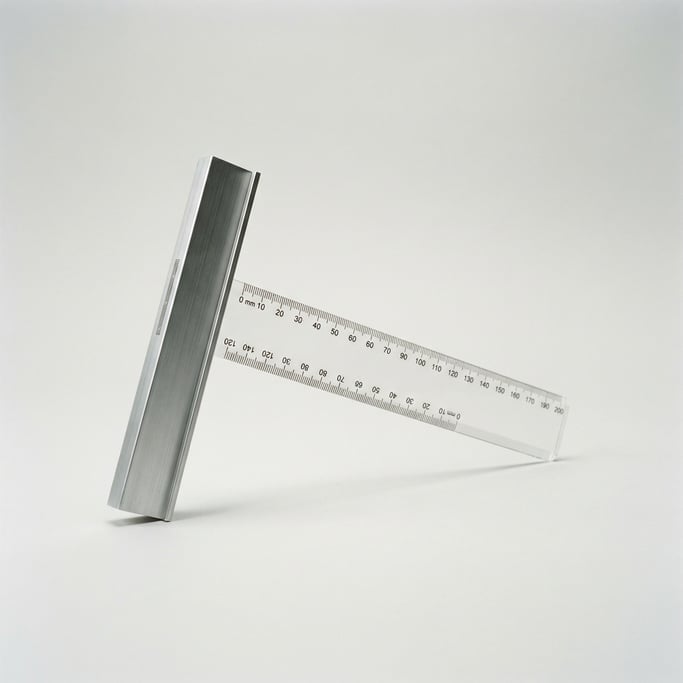 Clear acrylic T-square with a fixed aluminum head, laser-etched ruler markings in millimeters
