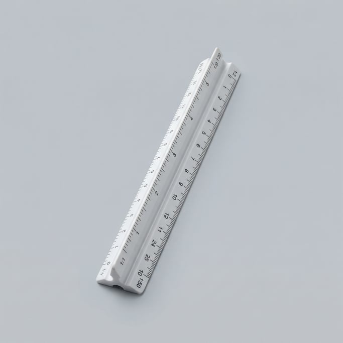 Triangular architect scale ruler in matte white ABS plastic with six precisely calibrated edges and