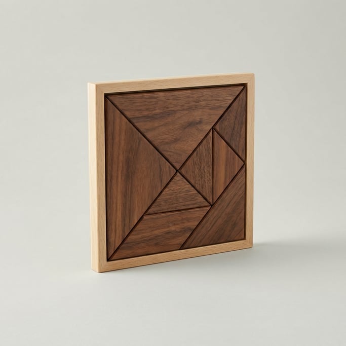 Tangram puzzle set of seven polished walnut geometric pieces arranged neatly in a square frame tray