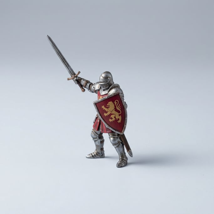 Hand-painted miniature fantasy knight figurine in silver armor with a heraldic red shield and a rais