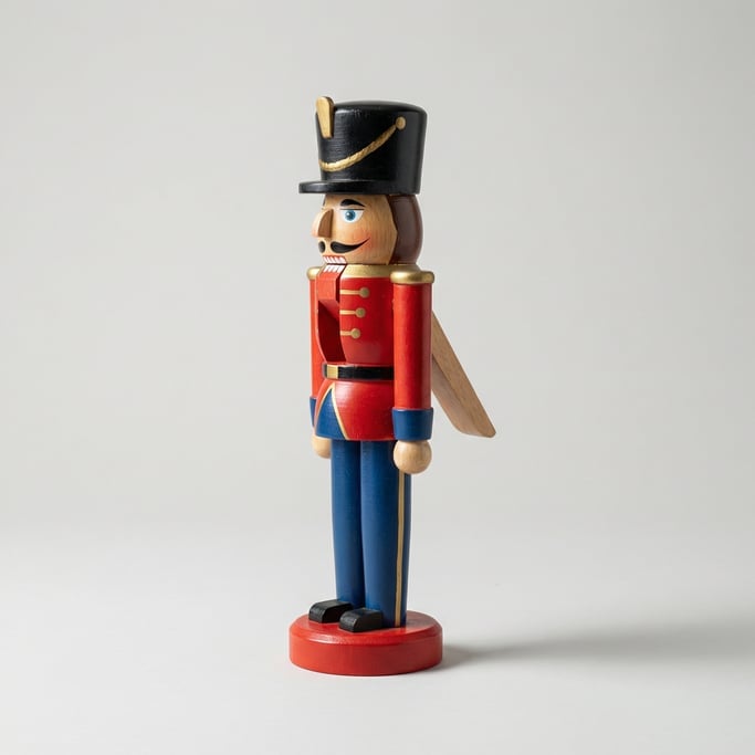 Traditional wooden nutcracker soldier figurine in red and blue painted uniform with gold trim and a