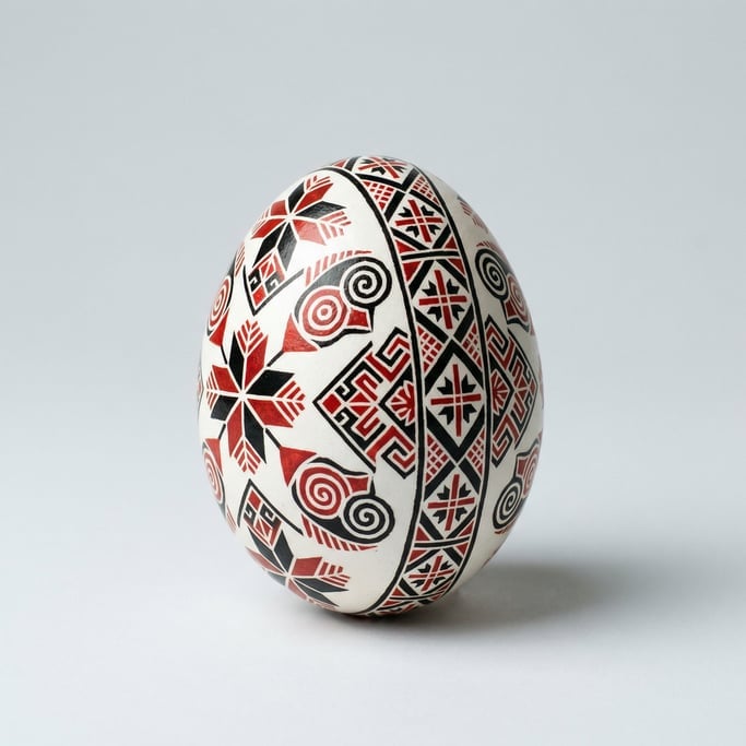 Ukrainian pysanka egg decorated with intricate black and red geometric beeswax-resist patterns on a