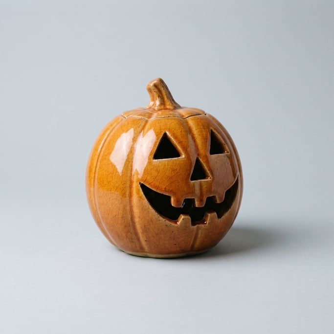 Ceramic jack-o-lantern with a carved toothy grin, cutout triangle eyes