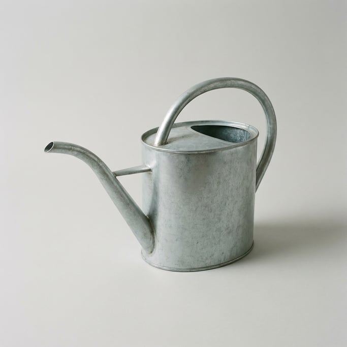 Galvanized steel watering can in zinc-dipped silver with a long curved spout, oval body