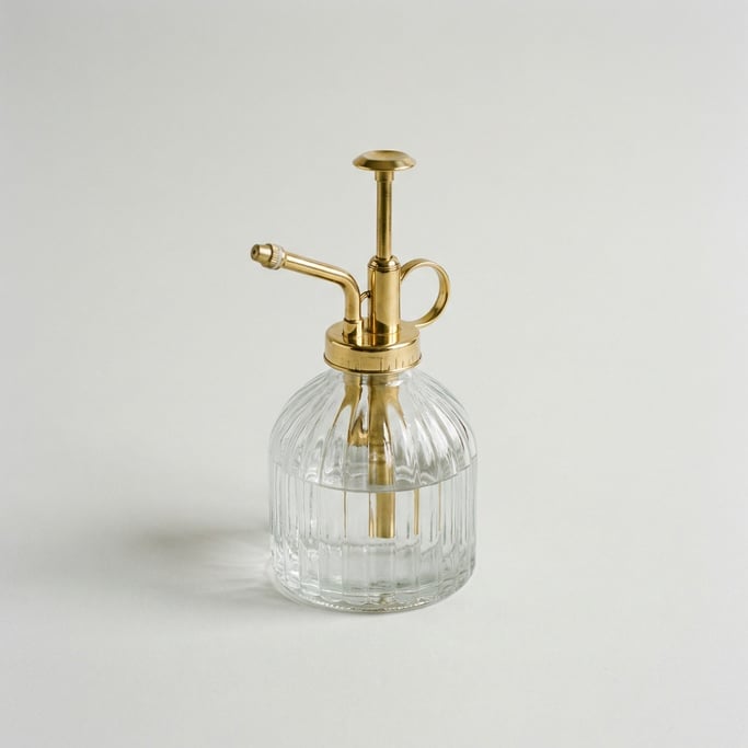 Brass plant mister with a polished pump-action sprayer head, clear ribbed glass reservoir bottle