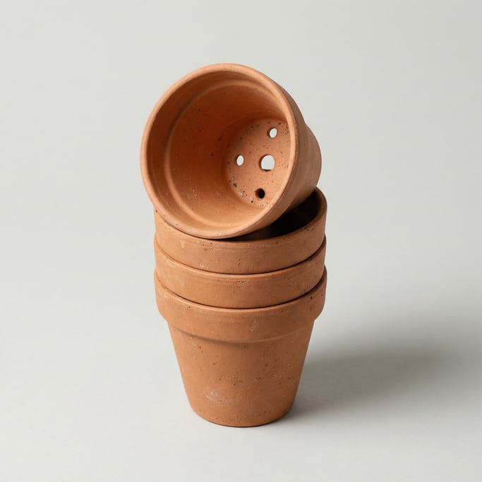 Terracotta seed starting pots nested together in a stack of four showing raw unglazed clay texture a