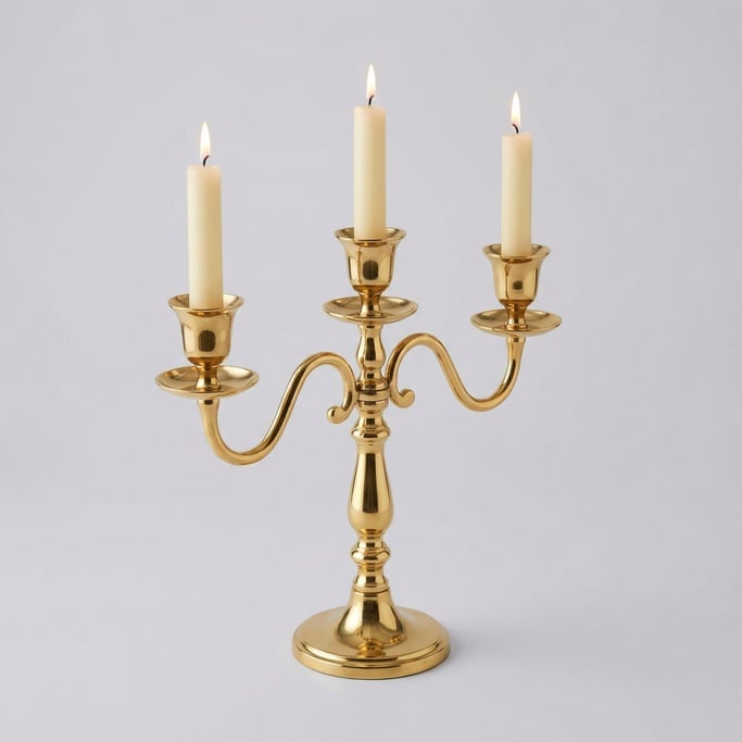 Three-arm brass candelabra with a polished gold finish, tulip-shaped bobeches with drip pans