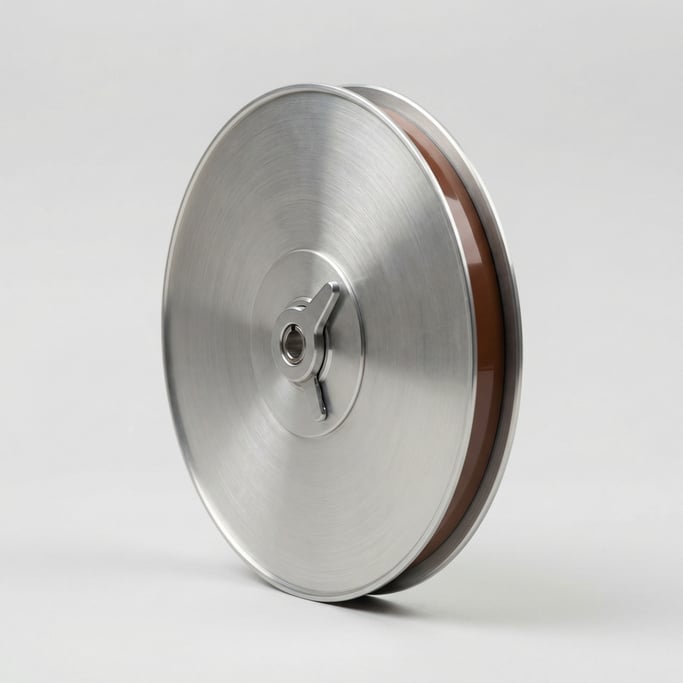 Metal reel-to-reel tape spool in brushed aluminum with a hub clamp, flanged edges