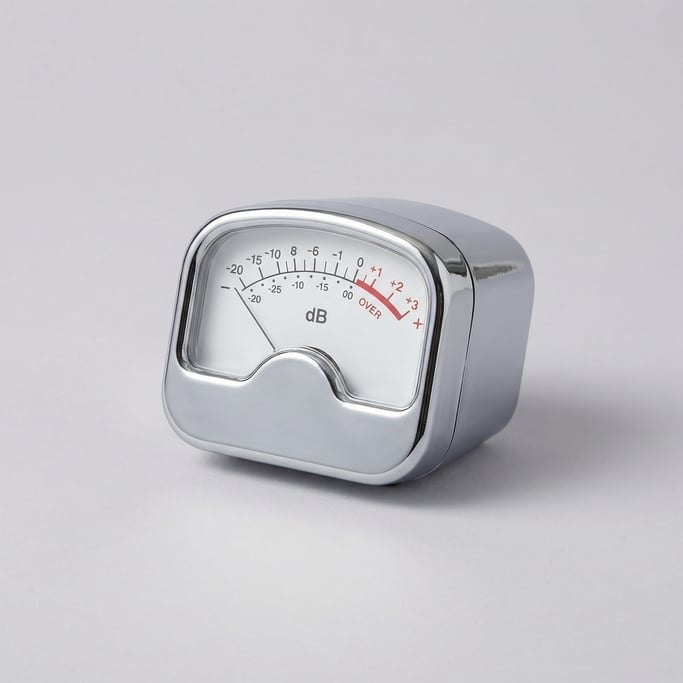 Analog VU meter panel in chrome housing with a curved white dial face