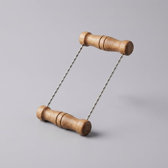 Clay cutting wire tool with twisted stainless steel wire strung between two turned wooden toggle han