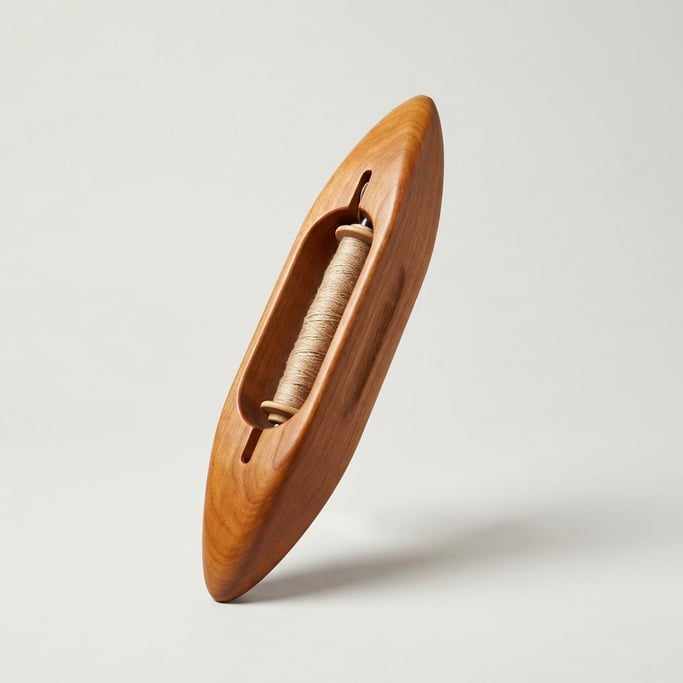 Wooden weaving shuttle in polished maple with a tapered boat-shaped body, central bobbin slot