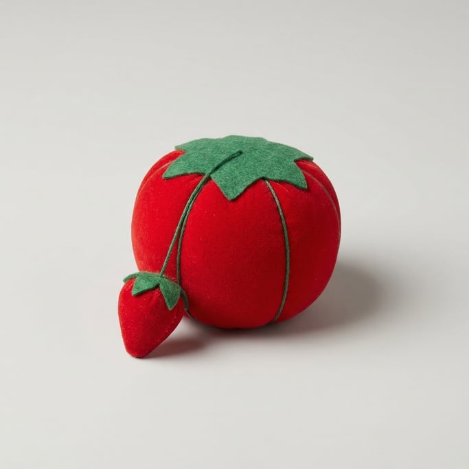 Tomato-shaped pin cushion in red cotton velvet with a green felt leaf cap and a tiny attached strawb