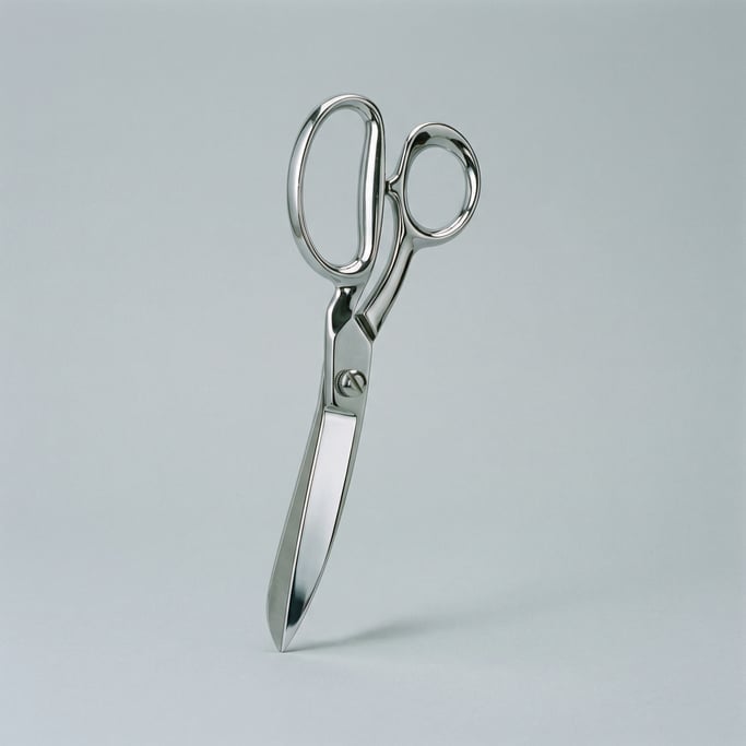 Tailor shears in polished chrome steel with offset bent handles, an adjustable tension screw