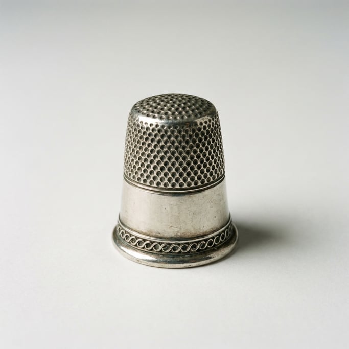 Sterling silver thimble with a knurled dimpled crown for needle pushing, a smooth skirt band