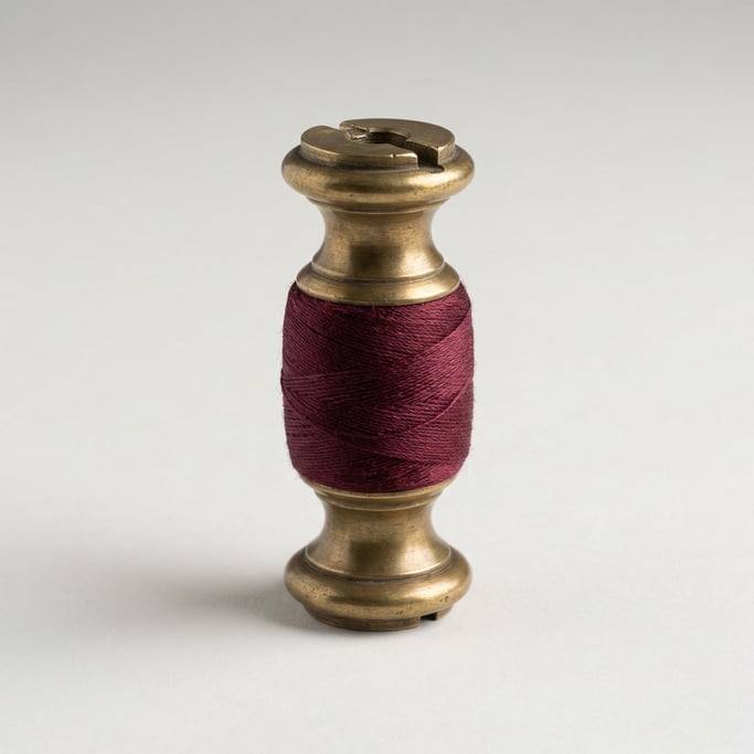 Antique brass bobbin wound with silk thread in deep burgundy, turned baluster shape