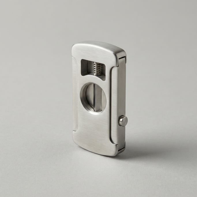 Guillotine-style cigar cutter in brushed stainless steel with dual self-sharpening blades and a spri
