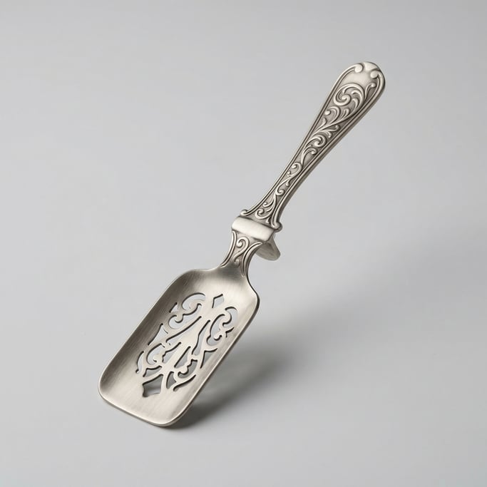 Ornate absinthe spoon in nickel silver with a slotted flat bowl, decorative scrollwork handle