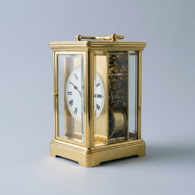 Victorian carriage clock in polished brass with beveled glass panels on all sides