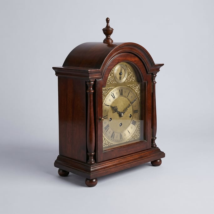 Wooden mantel clock in dark mahogany with an arched bonnet top, brass clock face