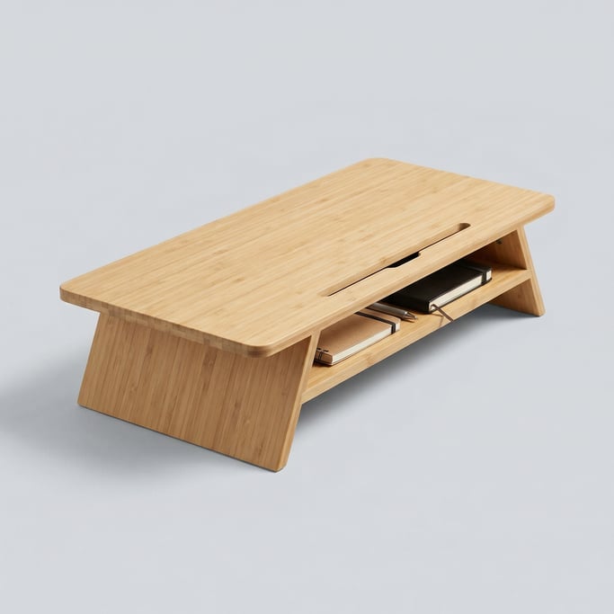 Wooden monitor riser in light bamboo with a wide flat surface, cable management slot