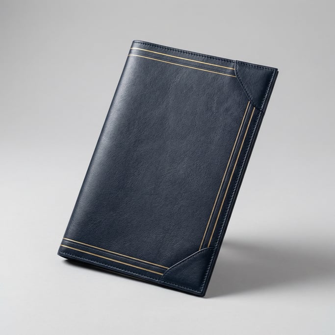 Leather desk blotter in navy blue top-grain cowhide with gold-tooled border lines and stitched corne