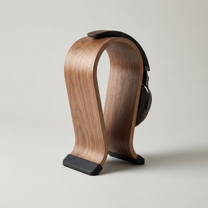 Curved walnut headphone stand with a smooth arch cradle top, weighted rubberized base