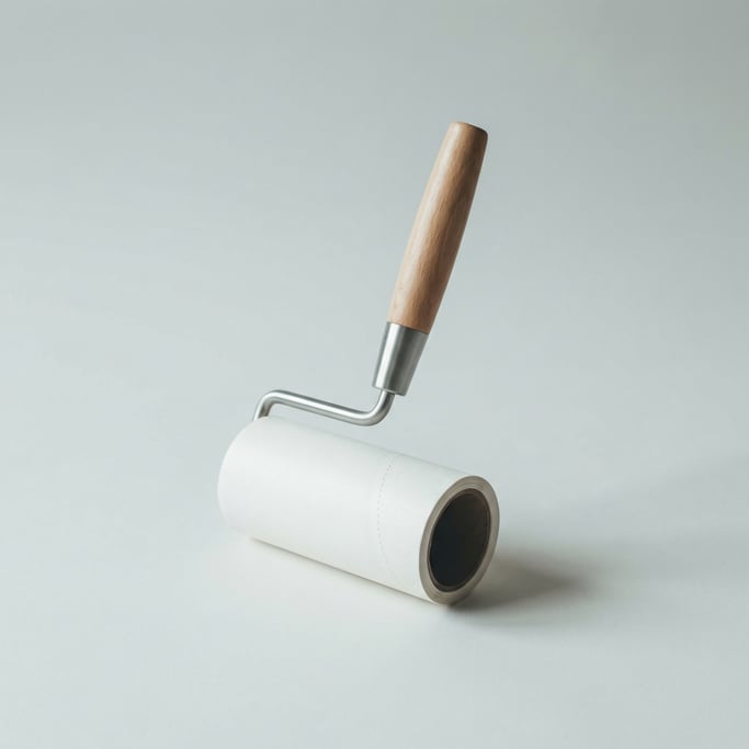 Lint roller with a matte chrome handle, replaceable adhesive paper roll extended