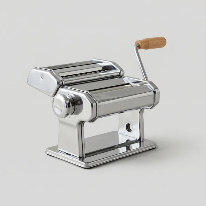Manual pasta machine in polished chrome-plated steel with a hand crank, adjustable thickness dial