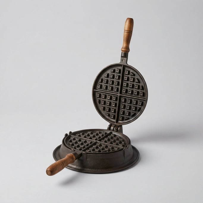 Cast iron waffle maker with a hinged double plate design, turned wooden handles