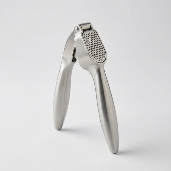 Stainless steel garlic press with a hinged crushing chamber, perforated pressing plate