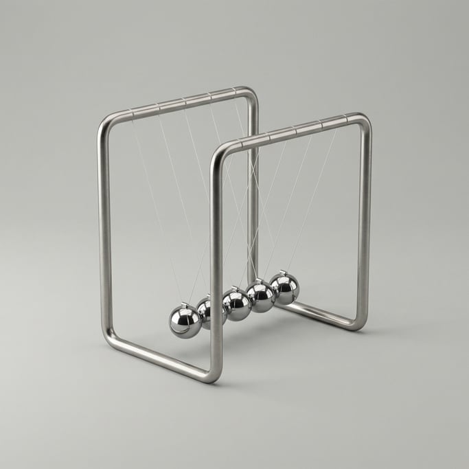 Newton's cradle desktop toy with five polished chrome steel balls suspended on nylon threads from a