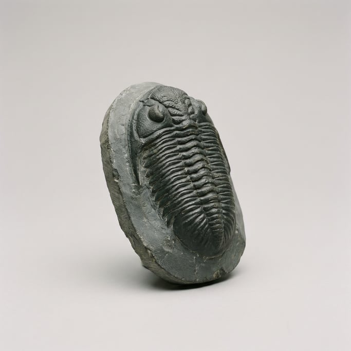 Trilobite fossil specimen in dark grey limestone matrix with detailed segmented body ridges and comp