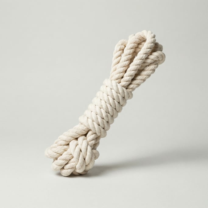 Braided cotton rope dog tug toy in natural white with knotted ends, a twisted three-strand weave
