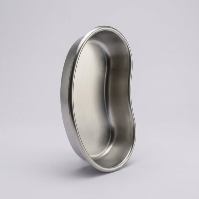 Stainless steel kidney basin in brushed surgical-grade metal with a smooth curved emesis shape and a