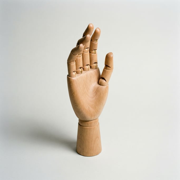 Articulated wooden hand model for anatomy study with jointed fingers, brass pin joints